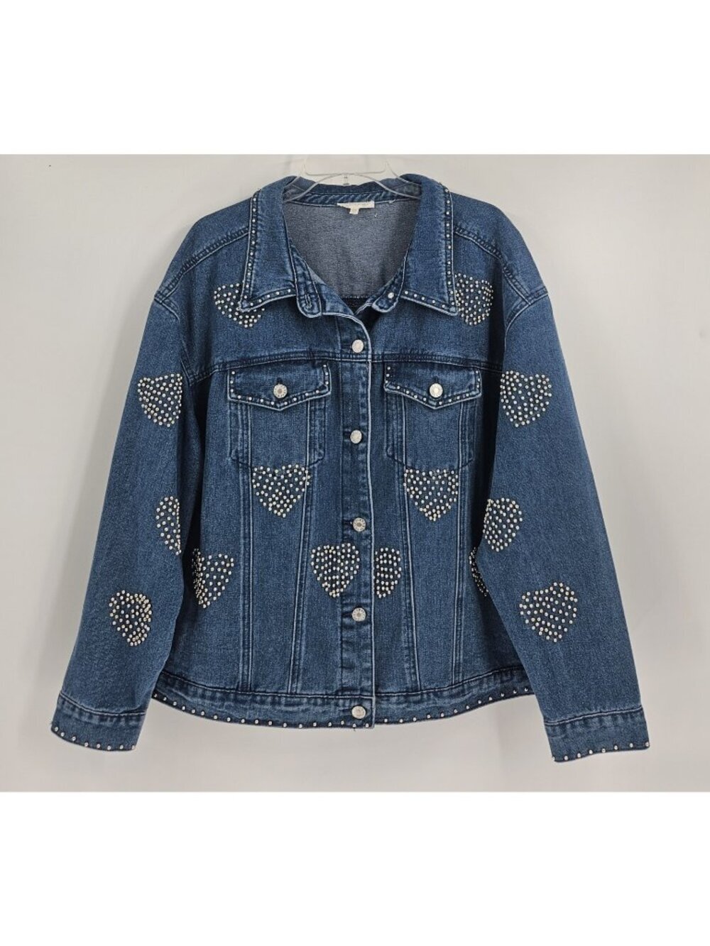 Riley & James 2X Plus Size Studded Heart Denim Jacket Blue Rhinestone